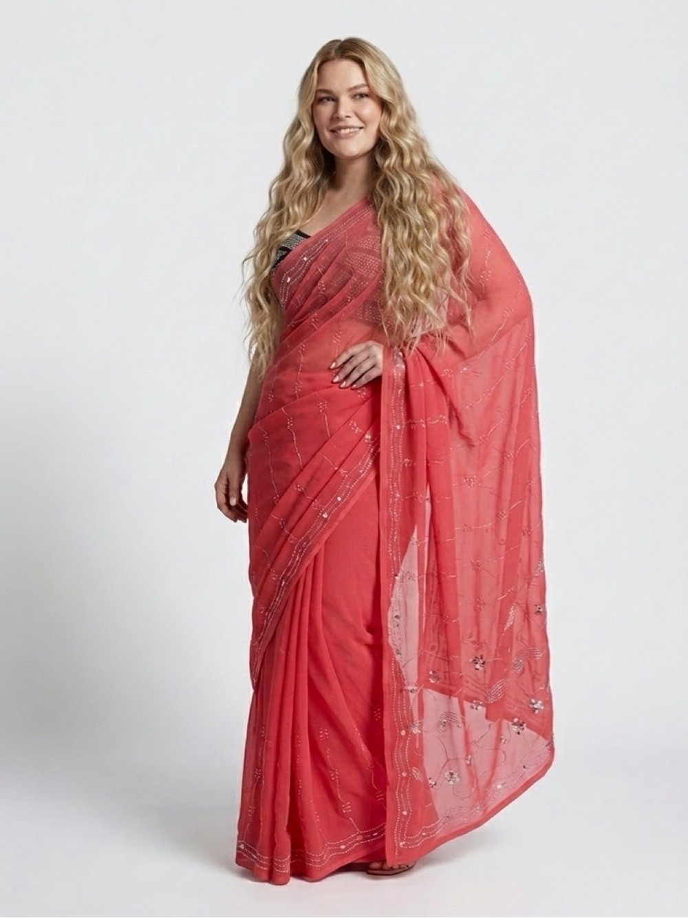 Women's Pink Sequined Georgette Saree - Elegant Party Wear